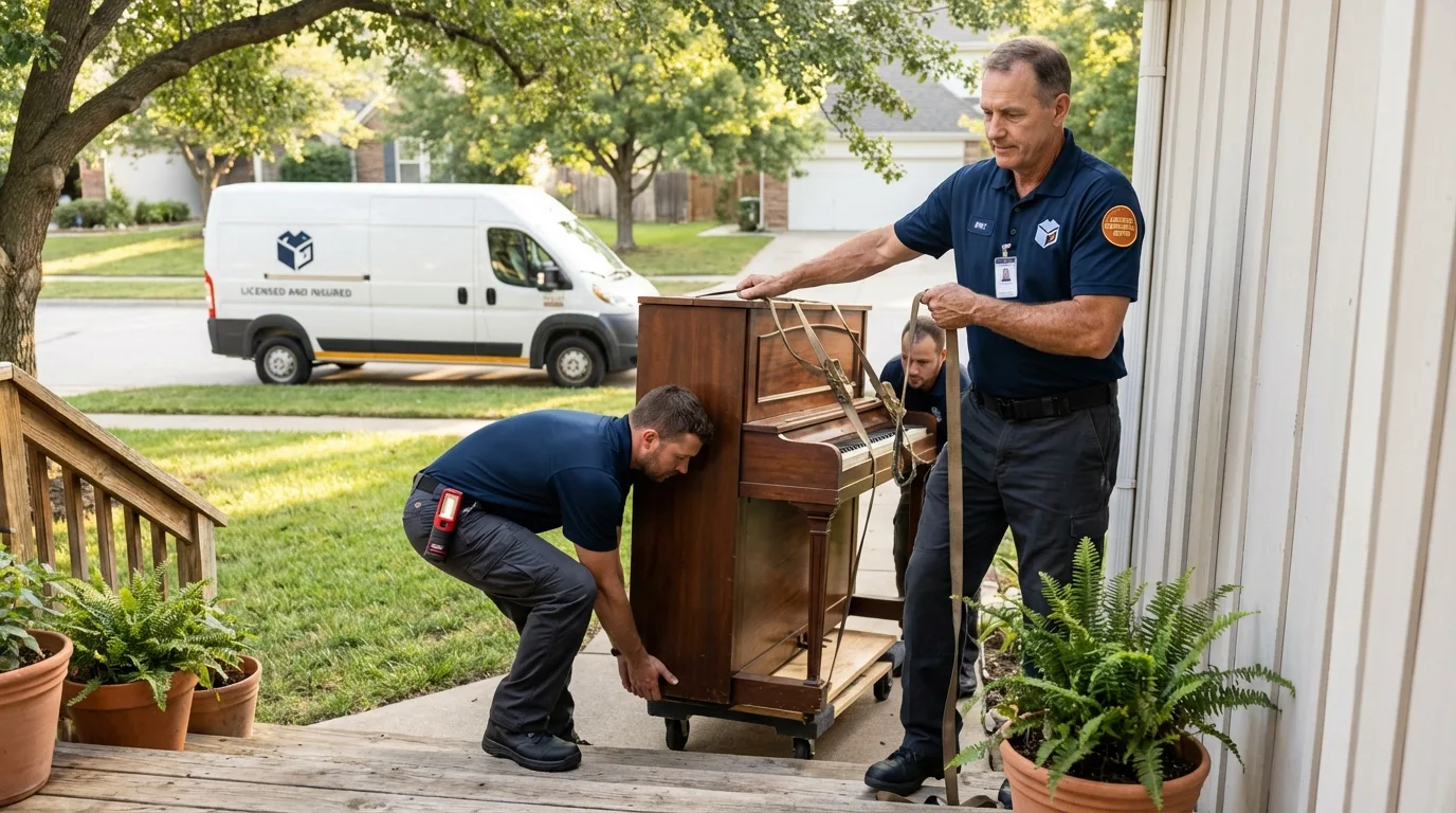 Licensed piano movers securing grand piano in Syracuse, IN