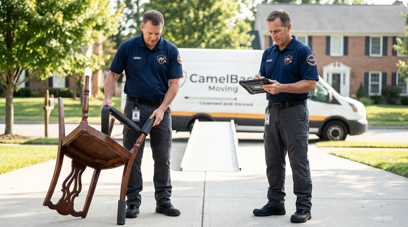 Movers inspecting furniture for damage prevention before loading in Syracuse, IN