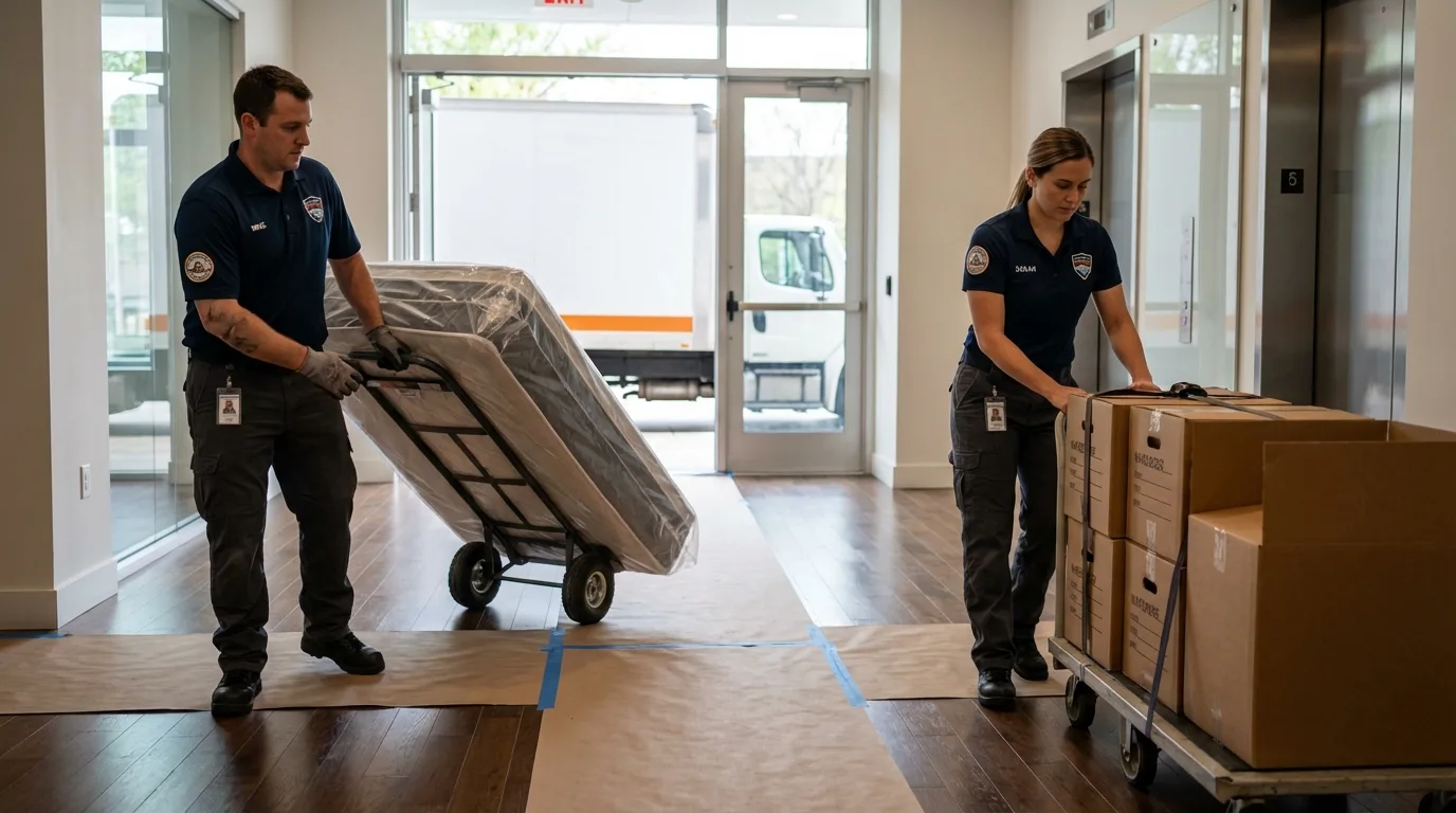Professional apartment movers loading elevator in Syracuse, IN